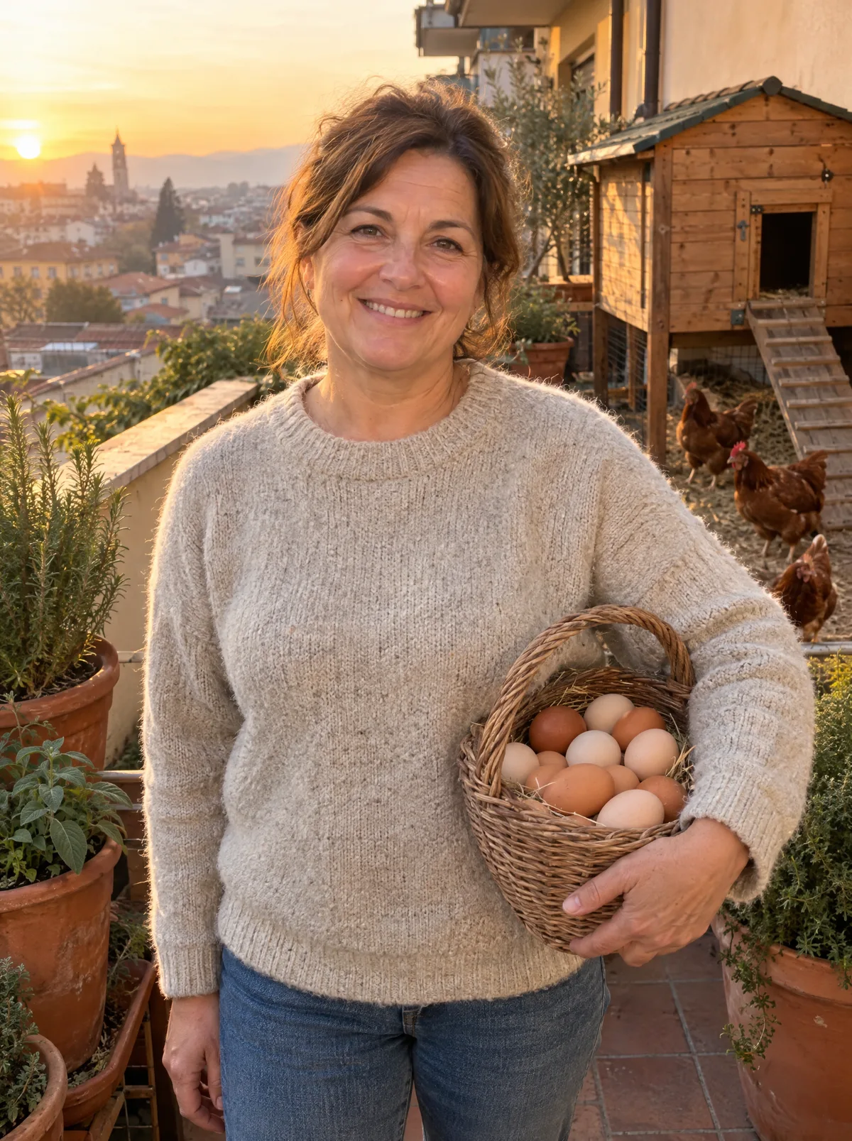 Una donna sul suo terrazzo all'alba con un cestino di uova fresche, dietro il pollaio e le galline