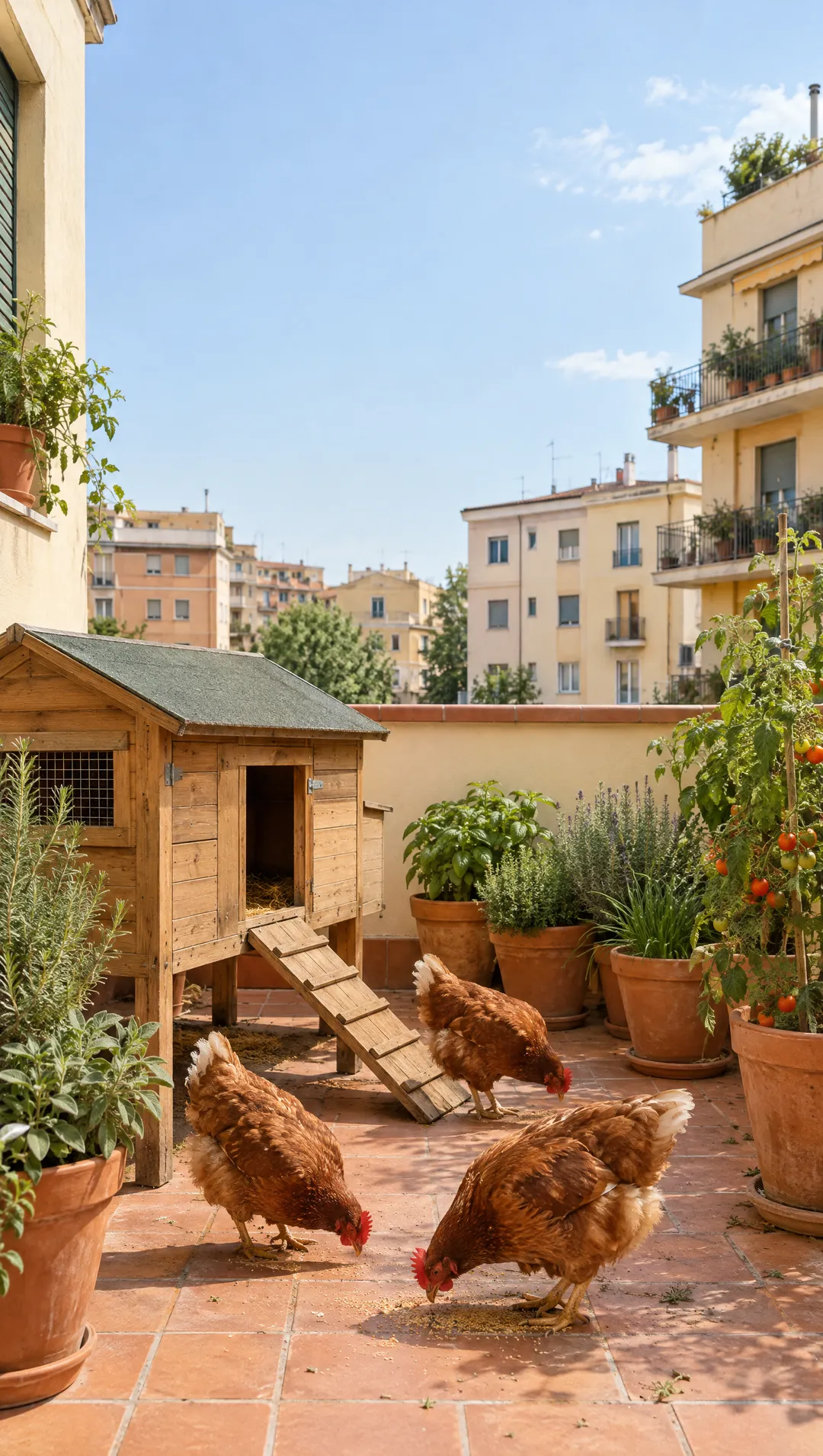 Un terrazzo di città col pollaio e le galline